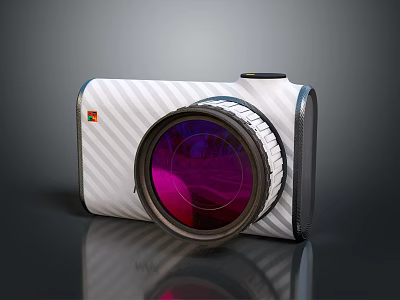 Digital Camera Featuring White Striped Body And Prominent Purple Lens Design 3d model