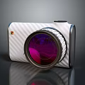 Digital Camera Featuring White Striped Body And Prominent Purple Lens Design