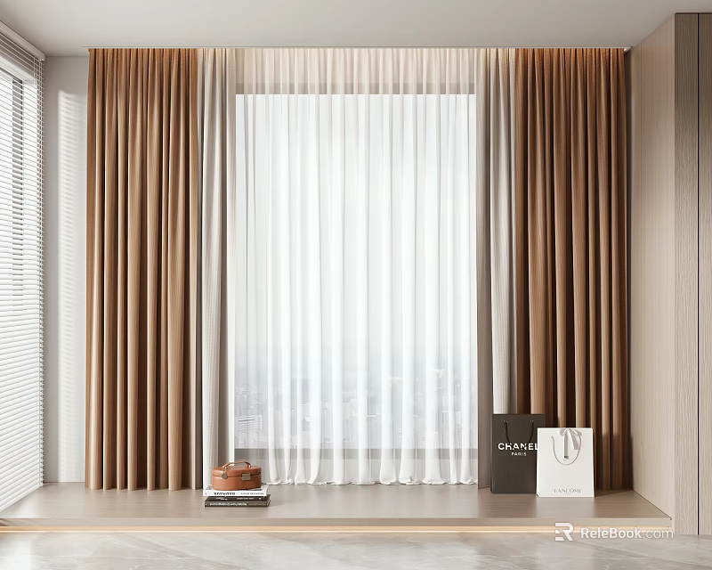 Modern Window With Brown Linen Curtains And White Sheer Drapes 3d model 