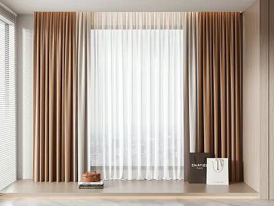 Modern Window With Brown Linen Curtains And White Sheer Drapes 3d model