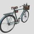 Vintage Blue Bicycle With Front Wicker Basket And Brown Leather Seat