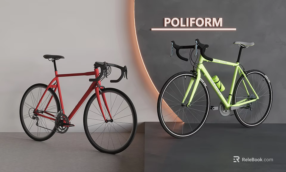 Red and Neon Green Poliform Road Bikes with Curved Handlebars Displayed in Modern Setting 3d model 