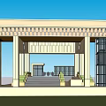 Modern Entrance Gate Featuring Perforated Wooden Canopy Columns Stone Steps Green Seating And Glass Elevator