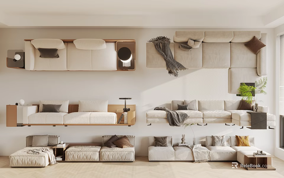 Light Colored Sectional Sofa Designs With Cushions Throw Blankets And Side Tables 3d model