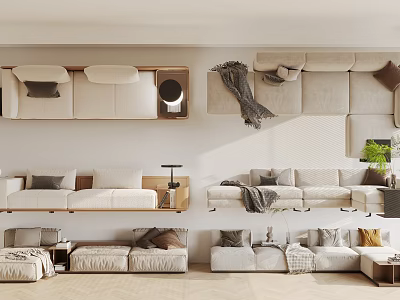 Light Colored Sectional Sofa Designs With Cushions Throw Blankets And Side Tables 3d model