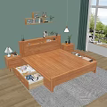 Wooden Minimalist Natural Double Bed Bedroom Interior With Nightstand Shelf Green Curtains And Sunlight
