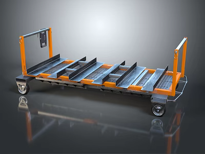 Industrial Utility Cart With Orange Frame Metal Trays And Wheels 3d model