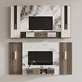 Modern Marble Background Wall With TV Wooden Cabinets And Green Plant Decor