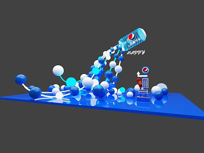 Pepsi Themed Photo Spot With Flowing Blue And White Spheres And Happy Sign 3d model