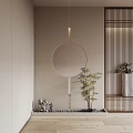 Foyer Hallway Interior Design with Circular Mirror Bamboo Plant and Wooden Screen