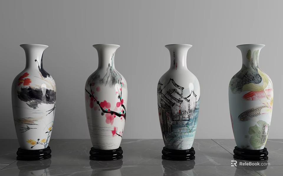 White Ceramic Vases With Floral And Scenic Patterns On Black Bases For Home Decor 3d model 