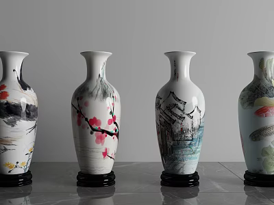 White Ceramic Vases With Floral And Scenic Patterns On Black Bases For Home Decor 3d model