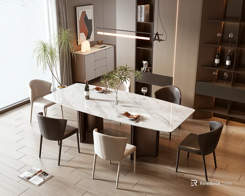Modern Marble Top Dining Table Set with Chairs Plants Pendant Light and Wine Cabinet 3d model 