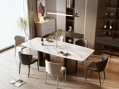Modern Marble Top Dining Table Set with Chairs Plants Pendant Light and Wine Cabinet 3d model