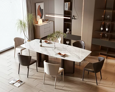 Modern Marble Top Dining Table Set with Chairs Plants Pendant Light and Wine Cabinet 3d model