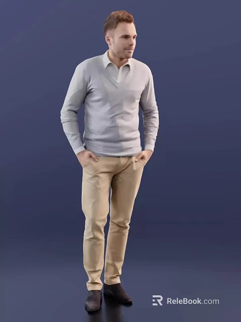 Man Wearing Light Gray V neck Sweater Khaki Pants Hands In Pockets Dark Blue Background 3d model 