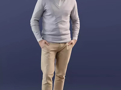 Man Wearing Light Gray V neck Sweater Khaki Pants Hands In Pockets Dark Blue Background 3d model