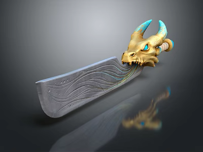 Mythical Weapon With Golden Dragon Head Blue Horns And Silver Wavy Blade 3d model