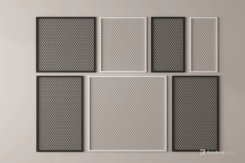 Wrought Iron Decorative Grid Panels In Various Patterns With Black White Frames 3d model 