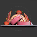 Pink Swiss Roll Cake with Strawberries and Flower Decorations on White Tray Showing Swirled Interior