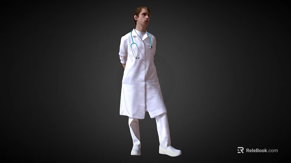 Man in White Doctor Coat with Stethoscope Standing Against Dark Background 3d model 