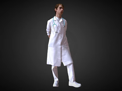 Man in White Doctor Coat with Stethoscope Standing Against Dark Background 3d model