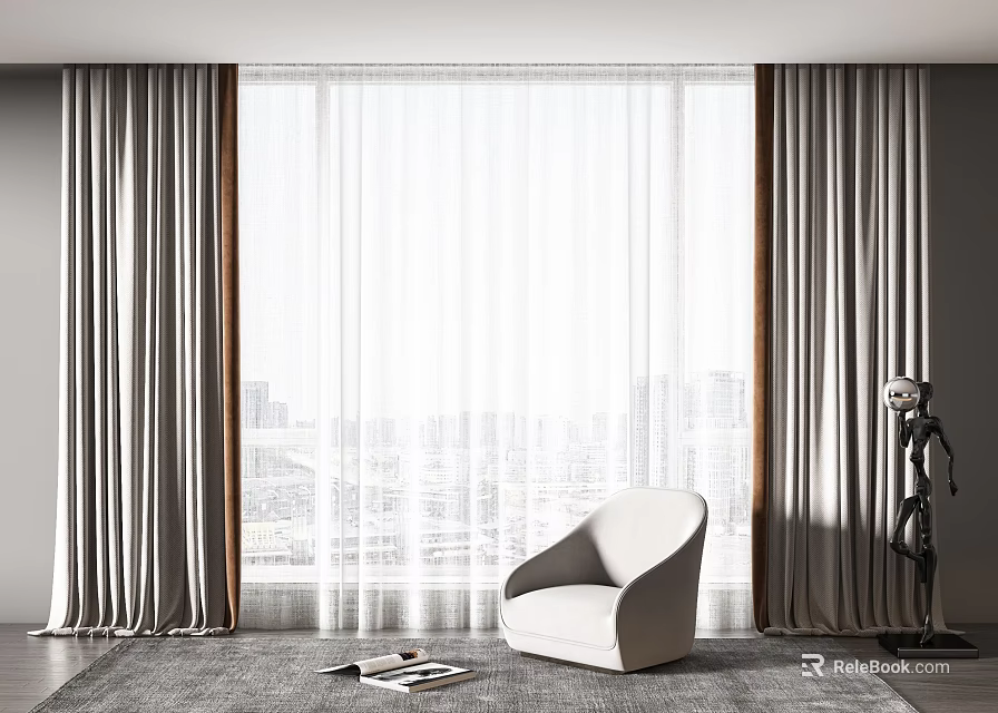 Modern Minimalist Accent Chair By Large Window With Gray Curtains White Sheer And City View 3d model 