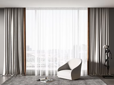Modern Minimalist Accent Chair By Large Window With Gray Curtains White Sheer And City View 3d model