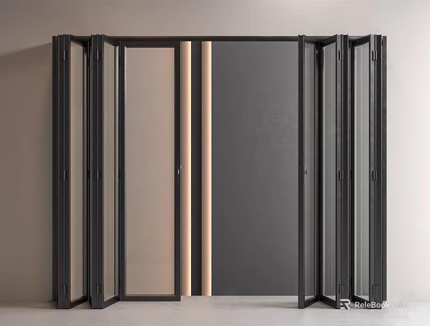 Modern Folding Doors Featuring Black Metal Frame And Glass Panels 3d model 