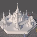 Spiritual individual standing before white religious spires and pagodas on stone pavement under clear sky