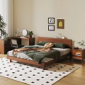 Modern Bedroom Interior With Wooden Double Bed Green Bedding Nightstand And Decorative Wall Art Rug