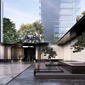 Modern Sales Office Building With Glass Curtain Wall Stone Facade And Landscaped Courtyard