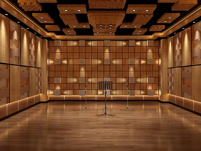 Professional Recording Studio Interior With Wooden Acoustic Panels And Microphone Stands 3d model