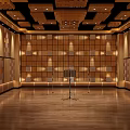 Professional Recording Studio Interior With Wooden Acoustic Panels And Microphone Stands