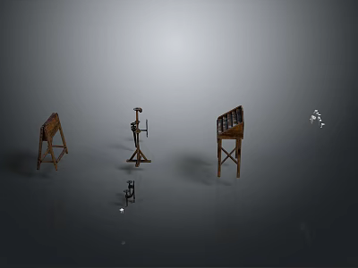 Three Wooden Furniture Shelves And Stands On Gray Background With Reflective Floor 3d model