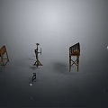 Three Wooden Furniture Shelves And Stands On Gray Background With Reflective Floor