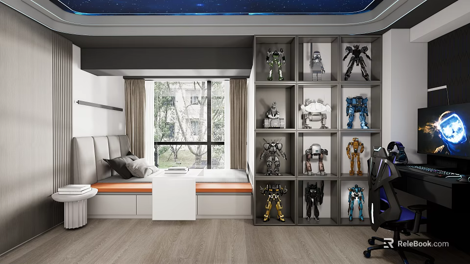 Tatami Bedroom Interior With Window Curtains Display Shelves Robot Models And Desk Chair 3d model 