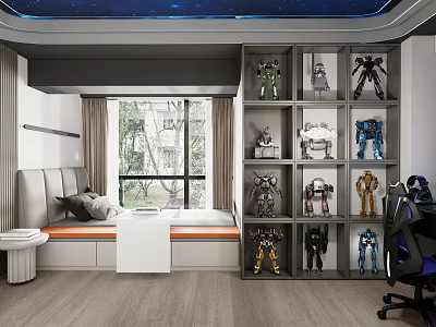 Tatami Bedroom Interior With Window Curtains Display Shelves Robot Models And Desk Chair 3d model