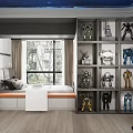 Tatami Bedroom Interior With Window Curtains Display Shelves Robot Models And Desk Chair