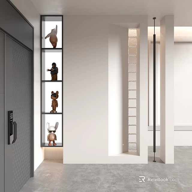Minimalist Entryway Hallway With Open Display Shelves And Decorative Figurines Modern Lighting And Neutral Tones 3d model 