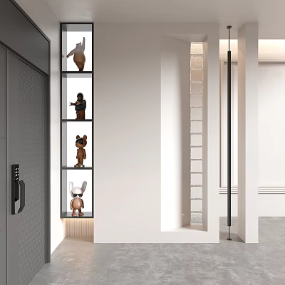 Minimalist Entryway Hallway With Open Display Shelves And Decorative Figurines Modern Lighting And Neutral Tones 3d model