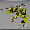 Mech Warrior Character and Yellow Black Mechanical Creature with Spear Weapon and Sharp Red Claws