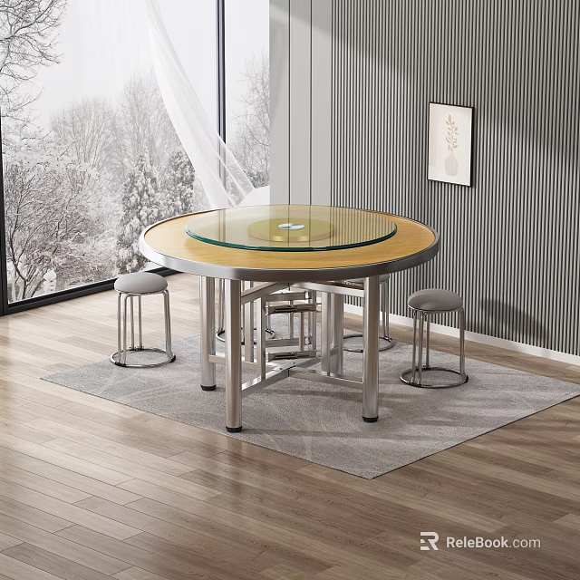 Round Glass Top Dining Table With Bar Stools On Wooden Floor And Snowy Window View 3d model 