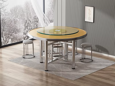 Round Glass Top Dining Table With Bar Stools On Wooden Floor And Snowy Window View 3d model