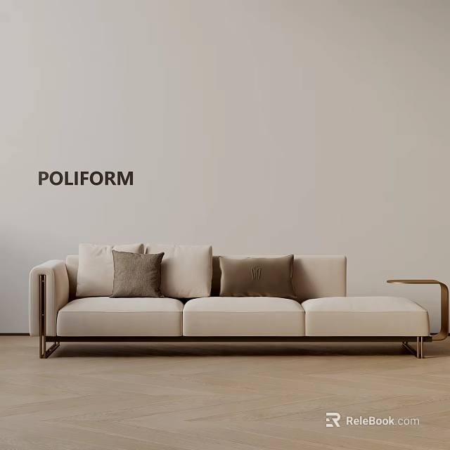 Poliform Beige Three Seater Sofa With Soft Cushions And Metal Legs Against Light Wall 3d model 