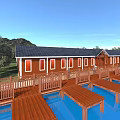 Red Guesthouse Building with Black Roof Wooden Boardwalk Blue Pools Surrounding Trees and Distant Mountains