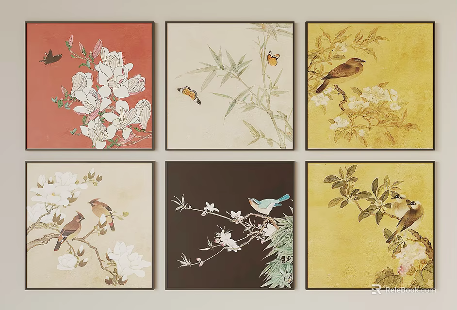 Traditional Chinese Bird And Flower Paintings Six Panel Wall Art With Colored Backgrounds 3d model 