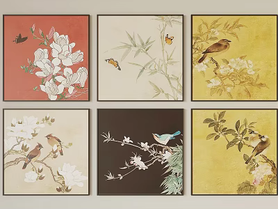 Traditional Chinese Bird And Flower Paintings Six Panel Wall Art With Colored Backgrounds 3d model