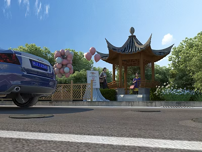 Beautiful Garden Pavilion in Outdoor Scenic Setting with Pink Balloons Blue Car and Green Trees 3d model