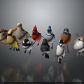Colorful Birds Of Various Species Standing Together On Dark Reflective Surface
